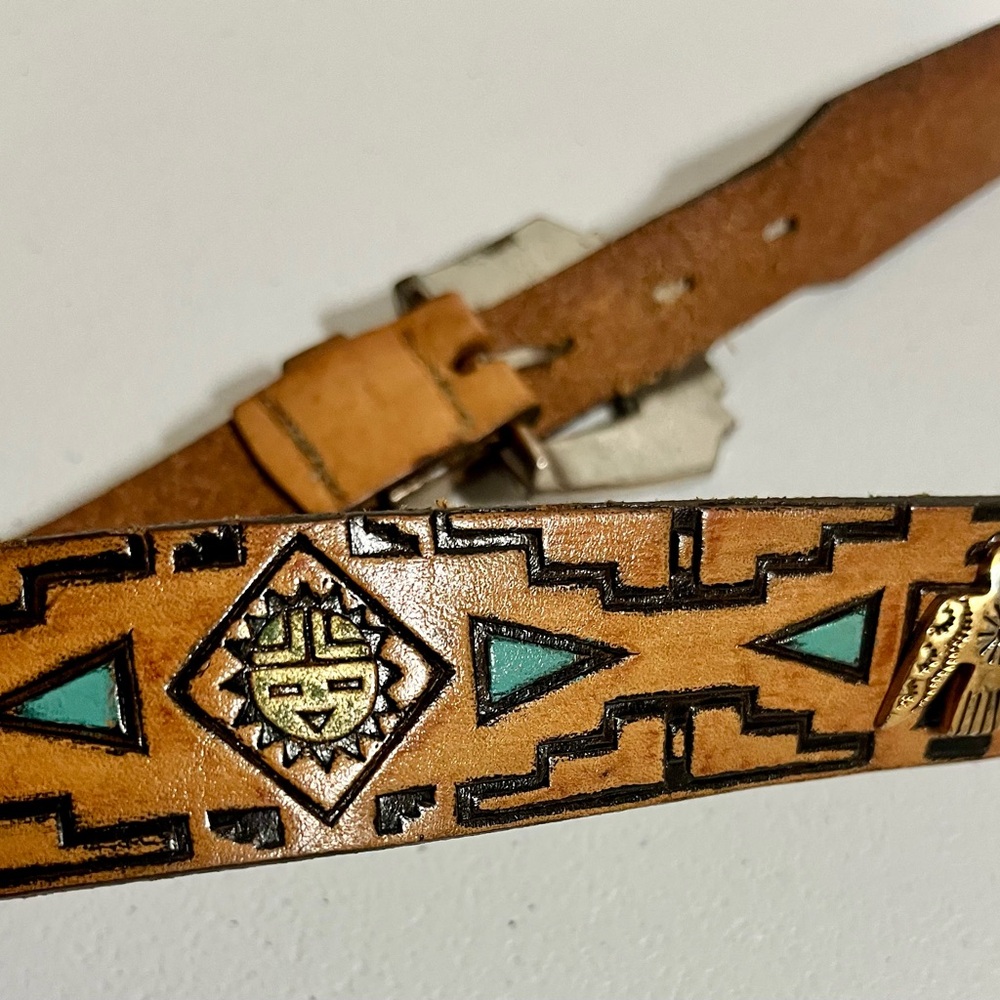 Native American Southwestern Style Tan Leather Belt with Silver Buckle - Picture 10 of 15